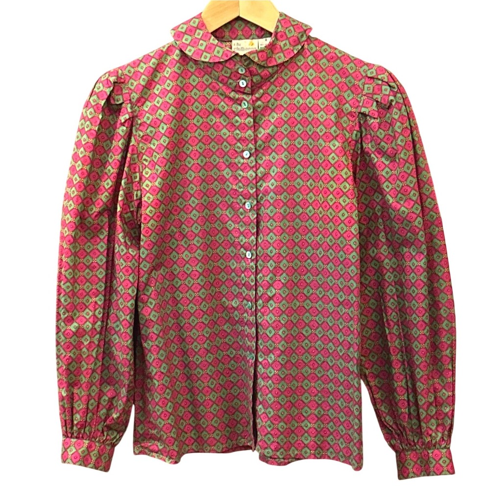 80s Liz Claiborne Blouse Vintage Retro Grandmacore Puffy Sleeve Geometric Pink 4